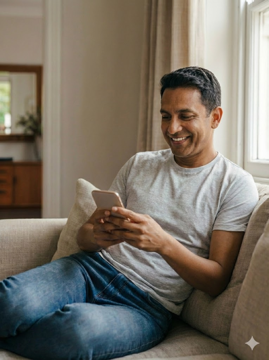 Dad smiling at his phone