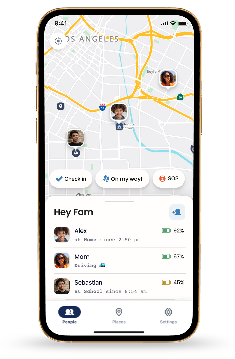 Lighthouse app showing family locations on a map