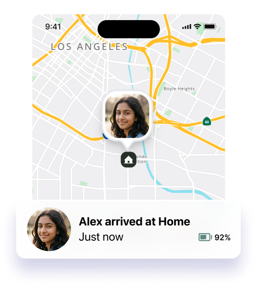 A Lighthouse arrival notification: Alex arrived at Home, just now, with 92% battery