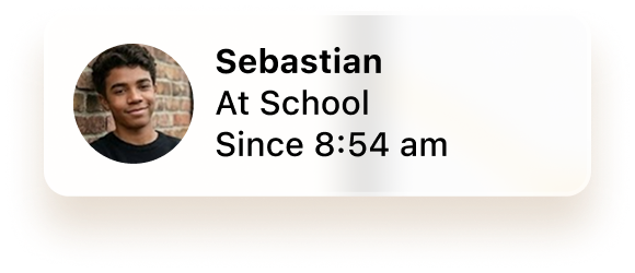 A Lighthouse status card: Sebastian at school since 8:54am. Arrival is the checkpoint, not the journey.