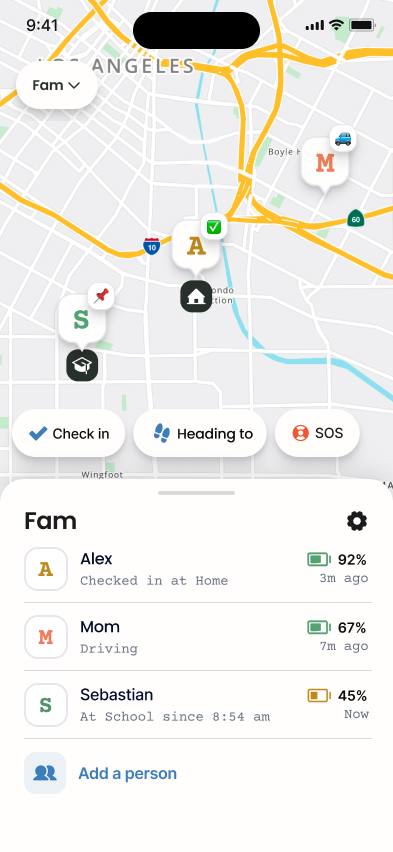 Lighthouse app showing family locations on a map
