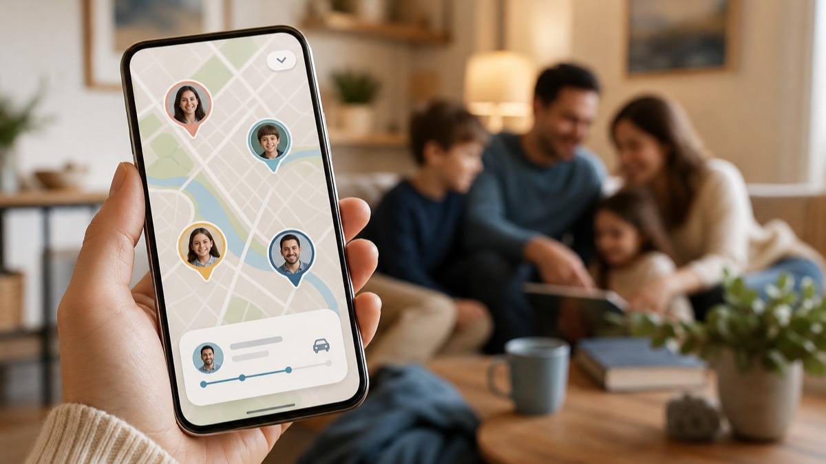 A phone showing a family map with several family members' locations and ETAs
