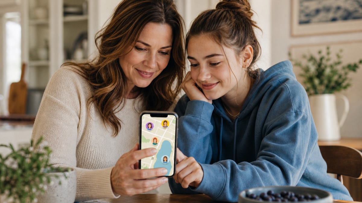 A family looking at location-sharing app options on a phone at the kitchen table