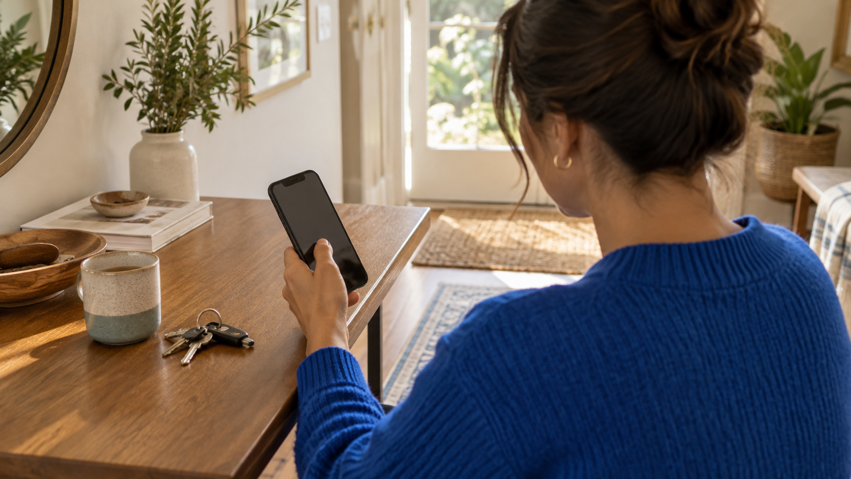 An adult in a blue sweater checking a phone at an entryway table beside house keys.