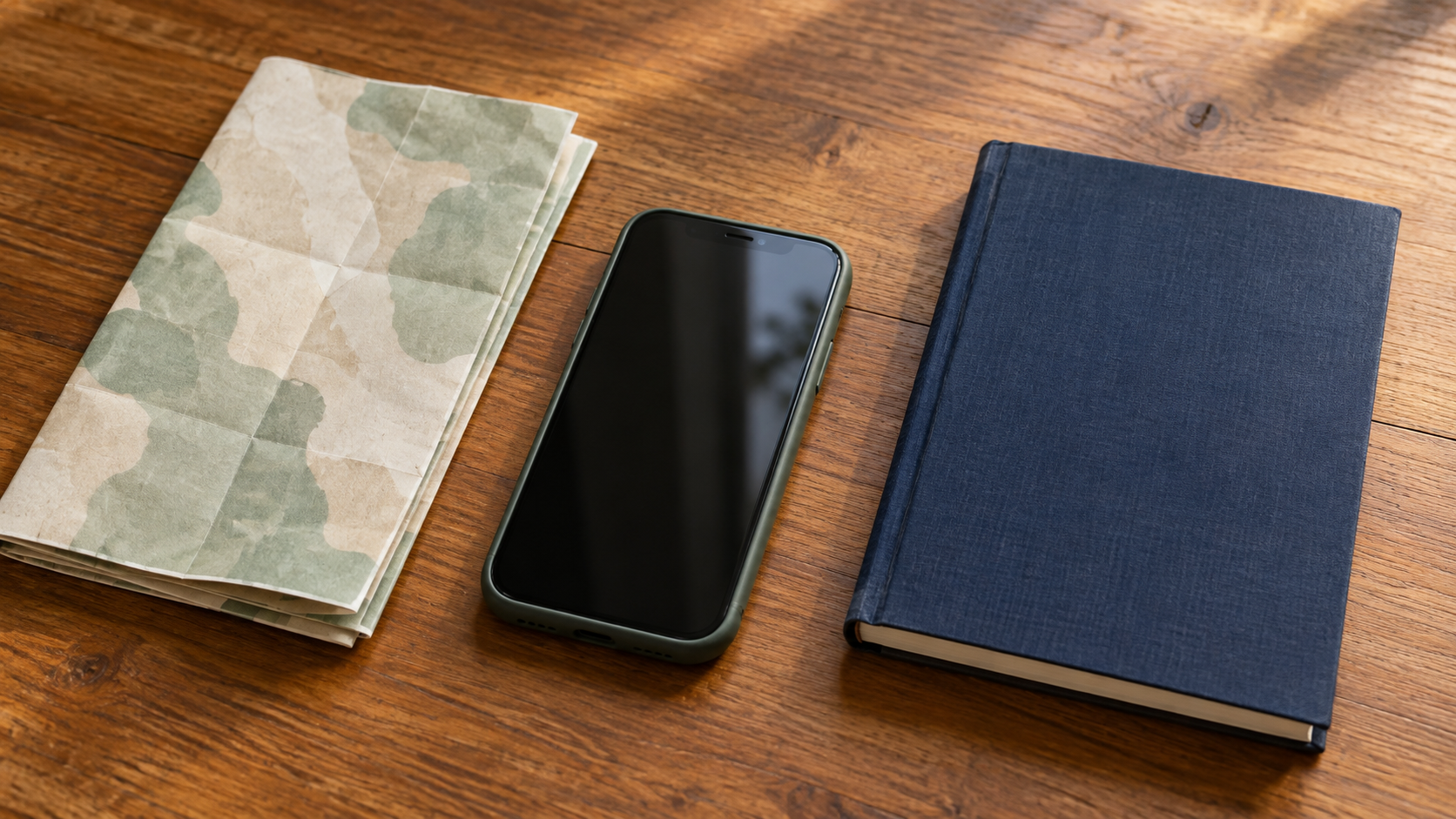 A blank-screen phone beside a folded paper map and a navy notebook on a wooden table.