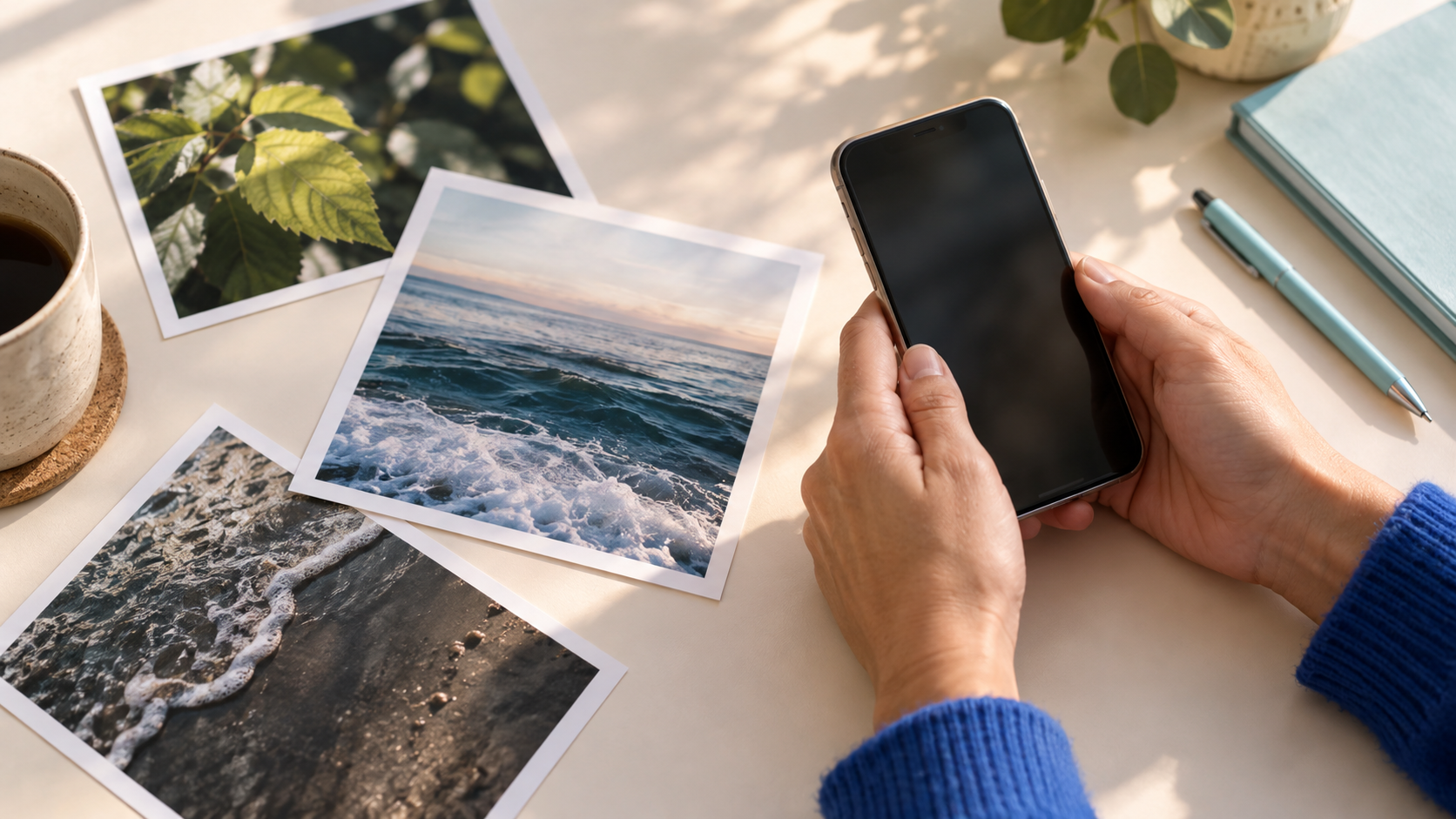 Hands holding a phone beside printed nature photos on a cream table.