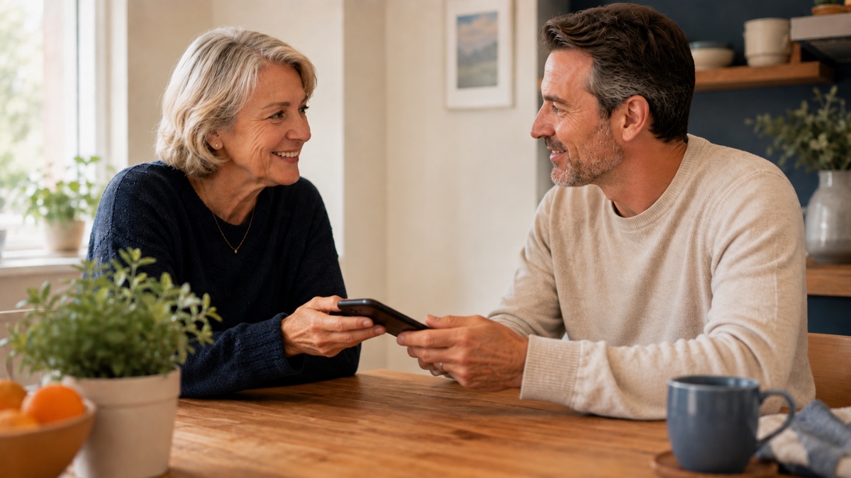 Two adults handing one another a phone across a kitchen table.