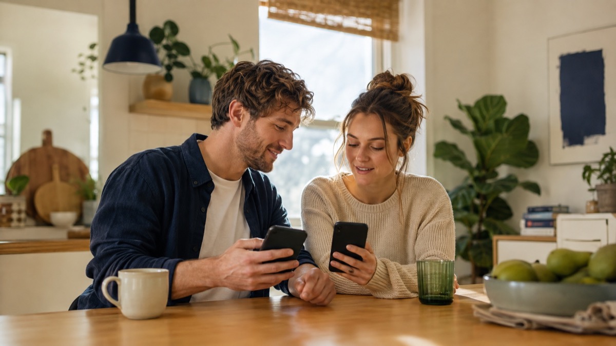 Two adults using smartphones to coordinate a meeting location at a kitchen table.