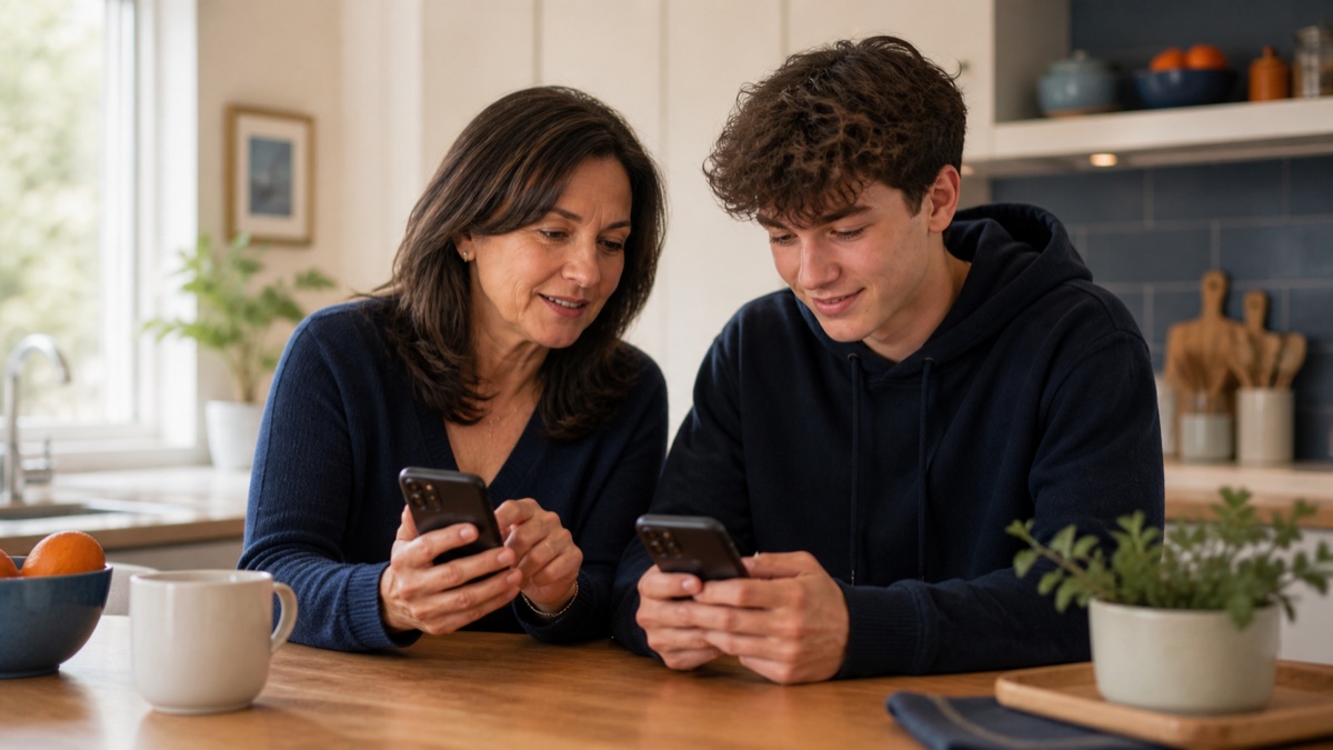 An adult and an older teen sitting together with two phones at a kitchen island.