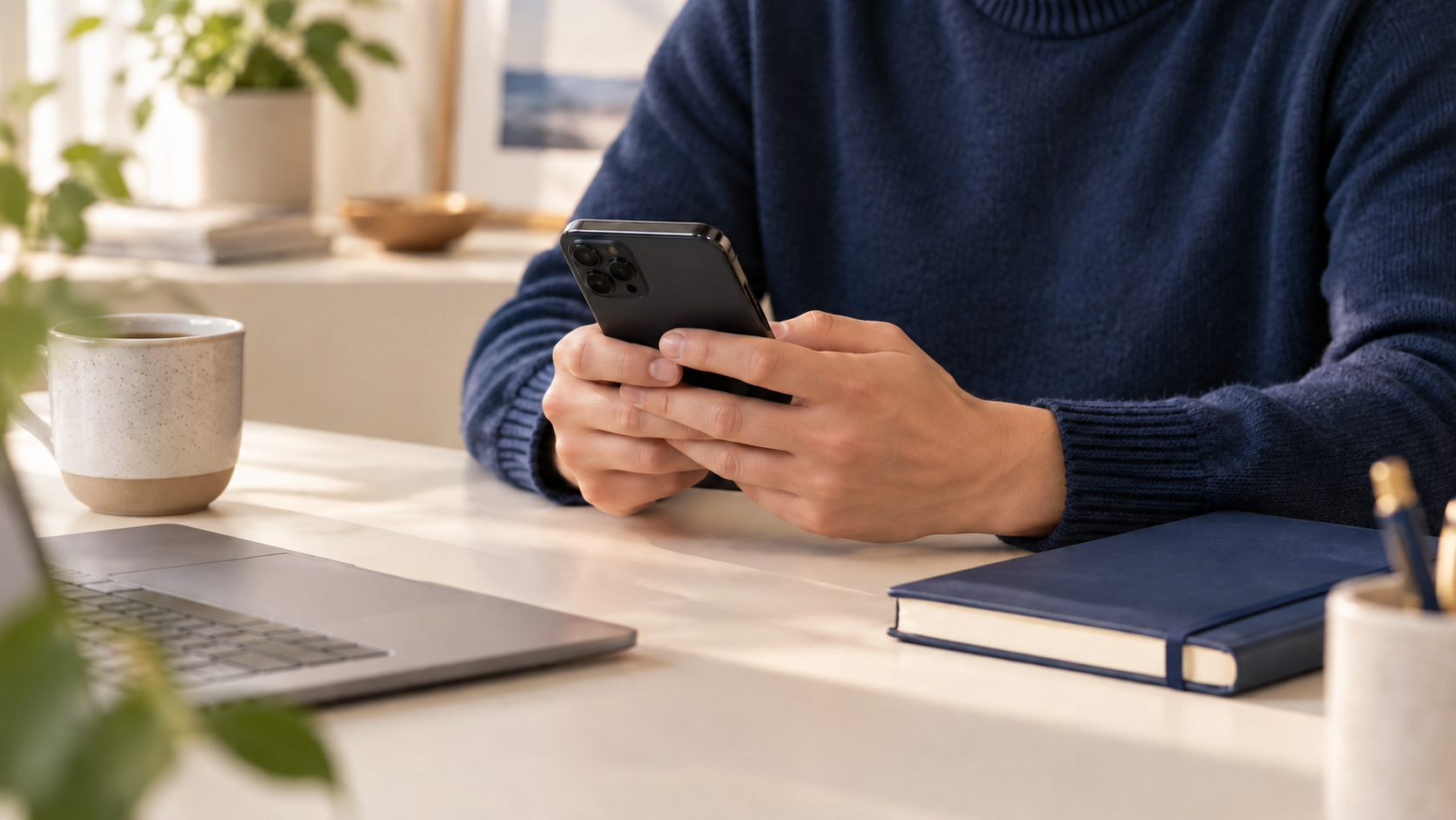 An adult in a blue sweater holding a phone beside a notebook on a light-colored desk.