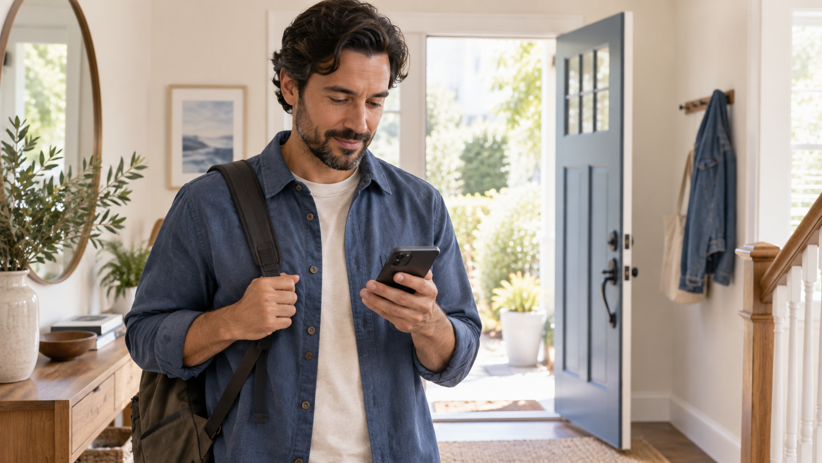 An adult in a blue overshirt looking at a phone beside an open front door.