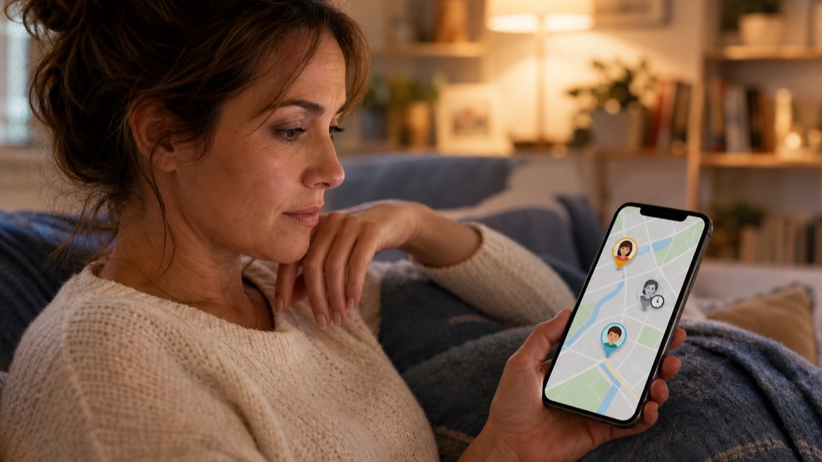 A person checking an unavailable family location on an iPhone