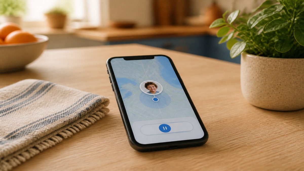 A phone with a location-sharing pause toggle, resting face up on a kitchen counter