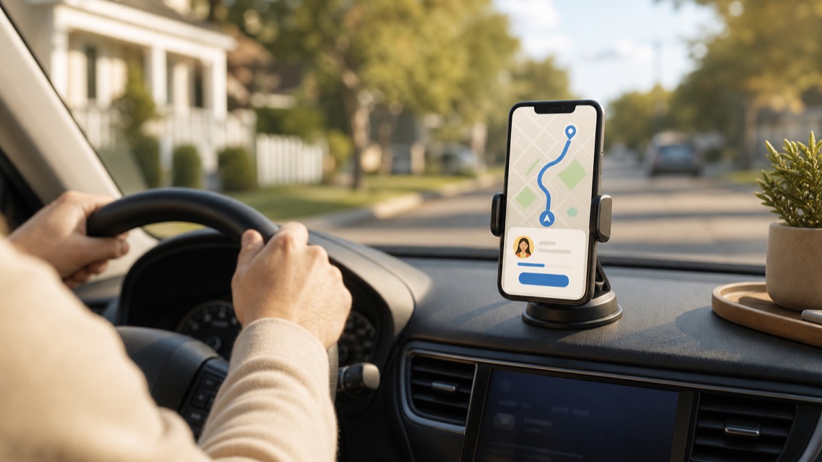 A phone mounted in a car showing a route with an ETA being shared with family