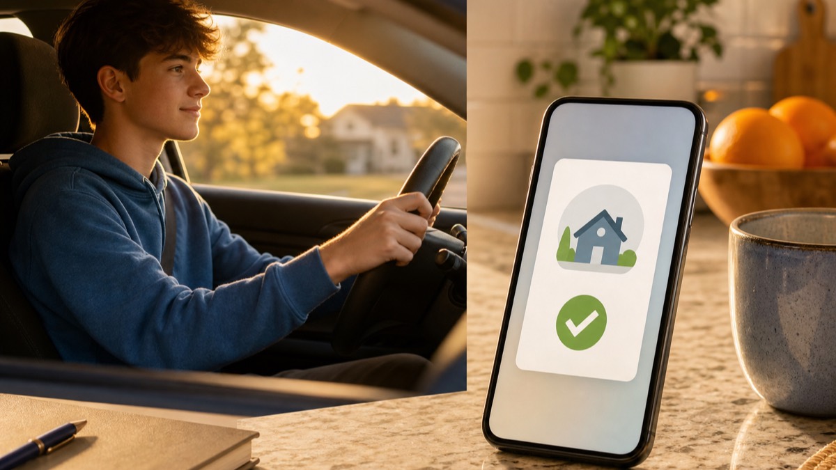 A teen driver with both hands on the wheel while a parent's phone shows an arrival notification