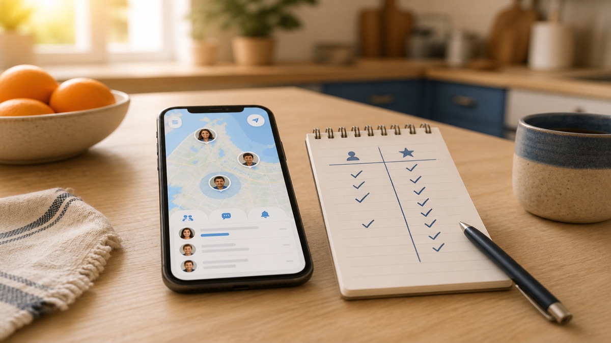 A phone showing a family location app beside a checklist comparing free and paid features