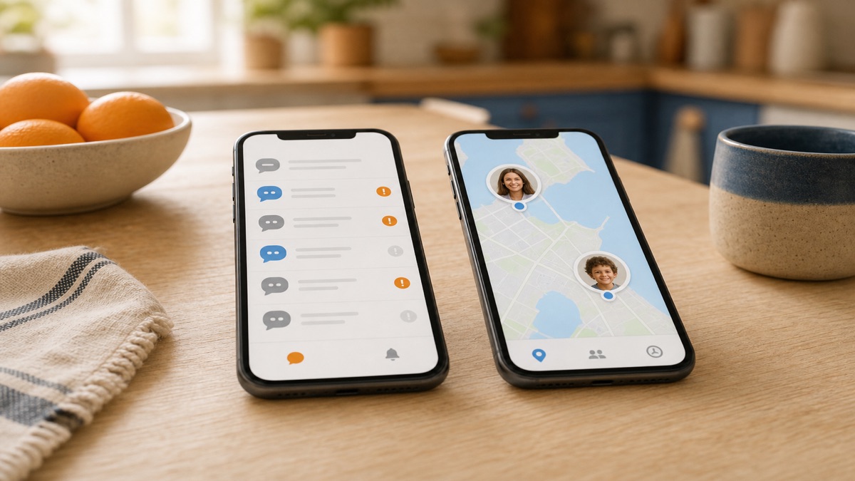 Two phones side by side, one showing a message-monitoring app and one showing a family map