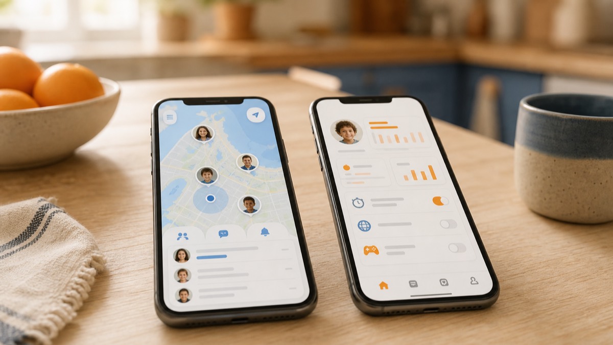 Two phones side by side comparing a family locator app and a carrier parental-controls app